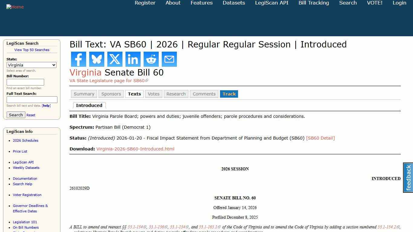 Bill Text: VA SB60 | 2026 | Regular Regular Session | Introduced | LegiScan