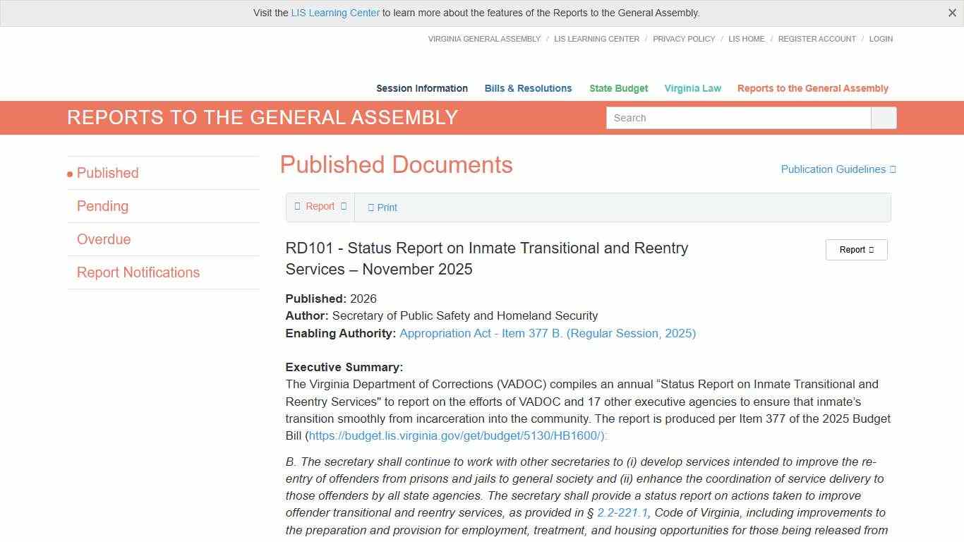 RD101 (Published 2026) - Status Report on Inmate Transitional and Reentry Services – November 2025